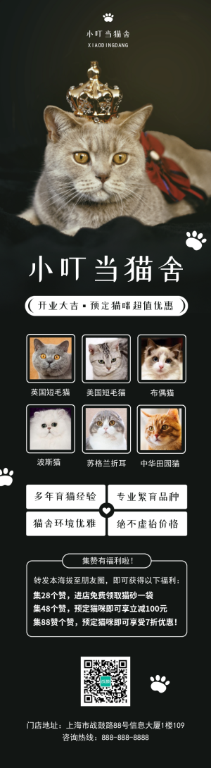 简约猫舍宠物店可爱猫咪宣传开业集赞活动长图 587 马上使用